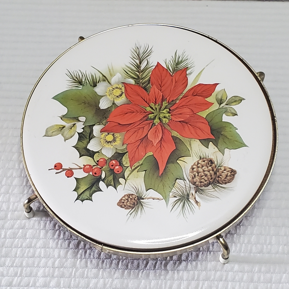 Poinsettia Christmas Trivet Vintage Hot Plate 6" Ceramics By Sax Rolf And Sharon